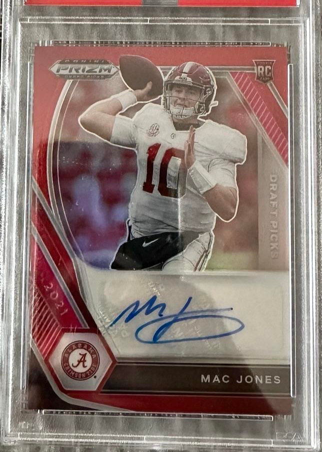 2021 Mac Jones Panini Draft Pick Red Prizm Alabama Crimson Tide Rookie Card #172/199 - PSA 9